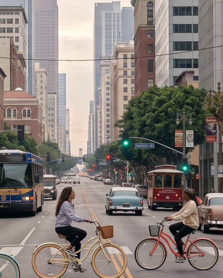 Two women on bicycles crossing Figueroa Street, the road running north toward the downtown skyline behind them.