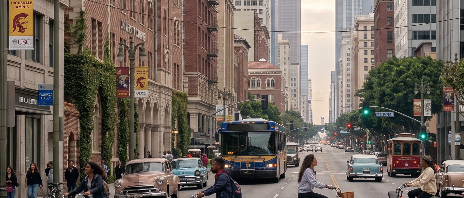 Figueroa Street at ground level — students on bikes and on foot crossing, a city bus, ivy-covered brick buildings along the block, and the downtown Los Angeles skyline in the distance.