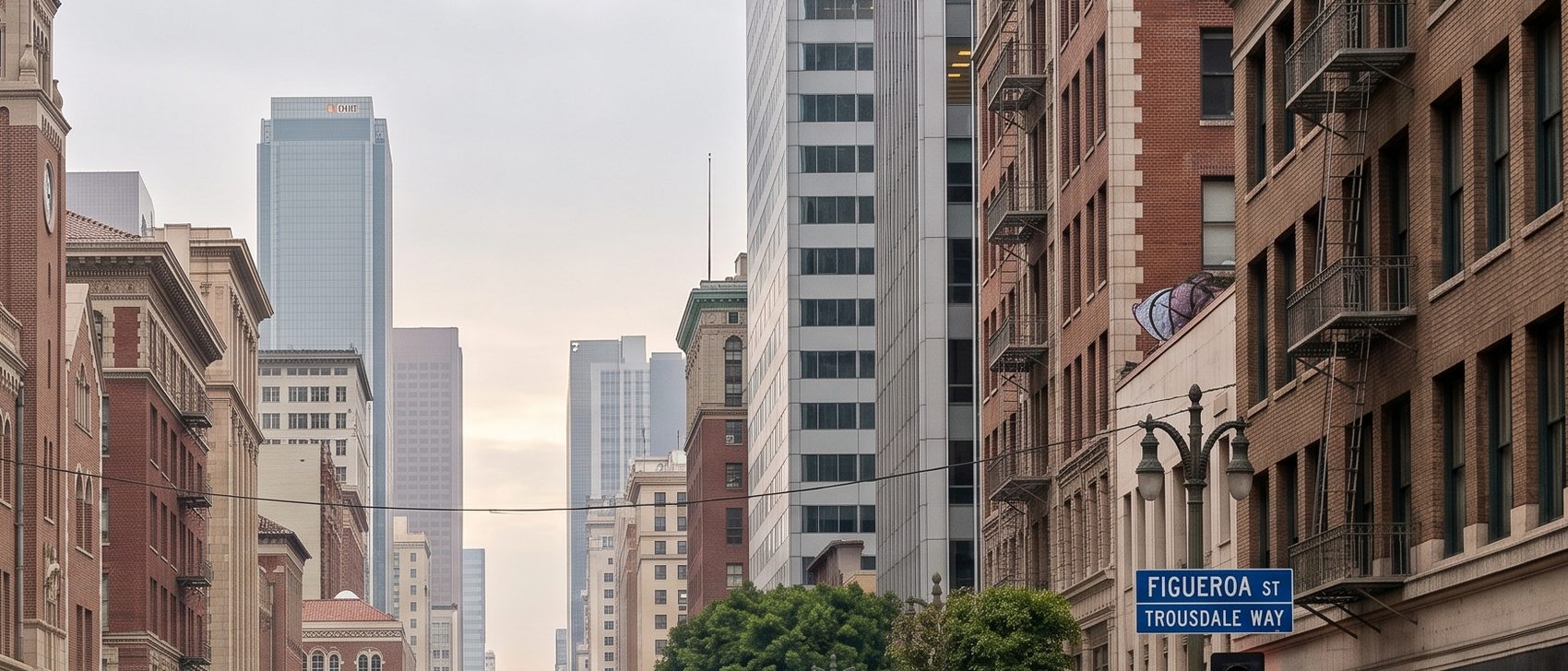 Looking north up Figueroa Street between brick and stone facades toward the downtown Los Angeles towers, with a blue Figueroa St sign at the right.