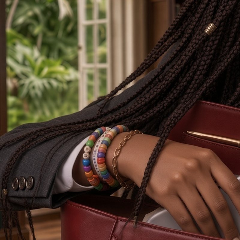 A close view of stacked beaded bracelets on a wrist resting against the open red bag.