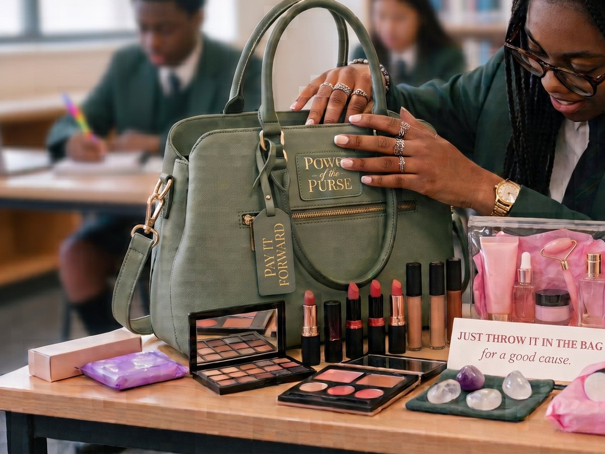 A student in school uniform resting her hand on a sage green bag embossed Power of the Purse, its luggage tag reading Pay It Forward. Spread on the desk in front of her: lipsticks, eyeshadow palettes, skincare, and a card reading Just throw it in the bag, for a good cause.