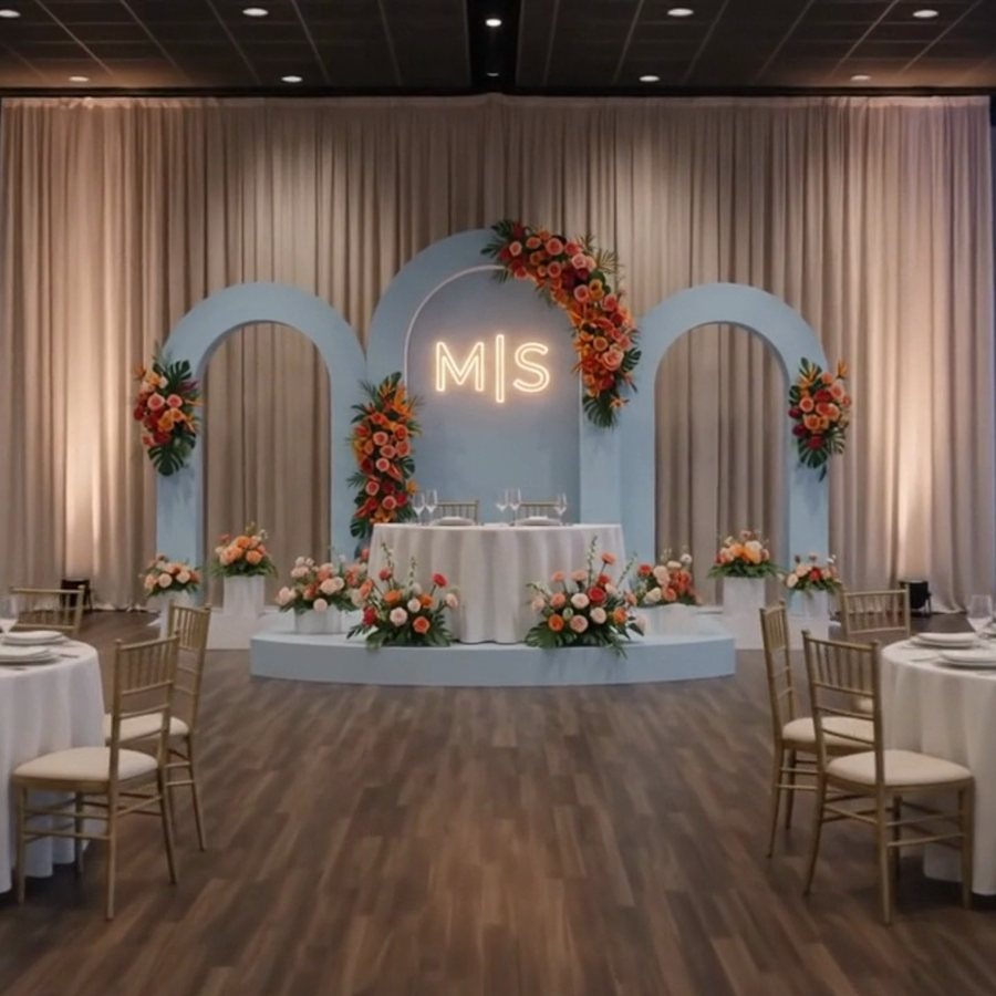 A wedding reception room set and waiting — arched backdrop with a lit monogram, autumn florals, round tables laid for guests.